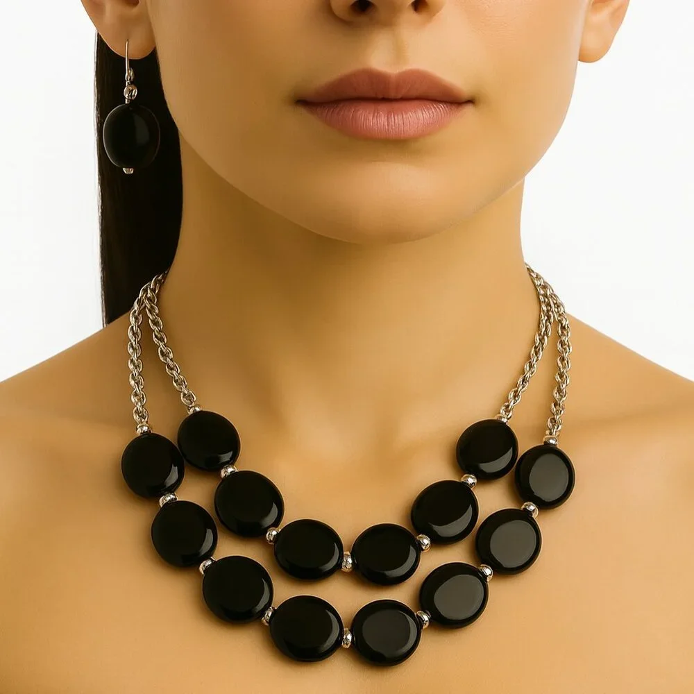 Elegant Black Beaded Necklace & Earrings Set – Layered Silver Statement Jewelry